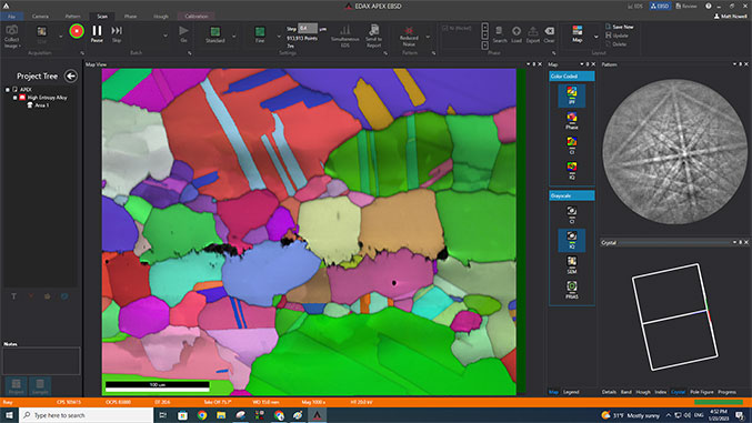 モンタージュ広域マップを利用した7.5mm x 6.5mm の広域をカバーするギベオン隕石のEBSD分析結果