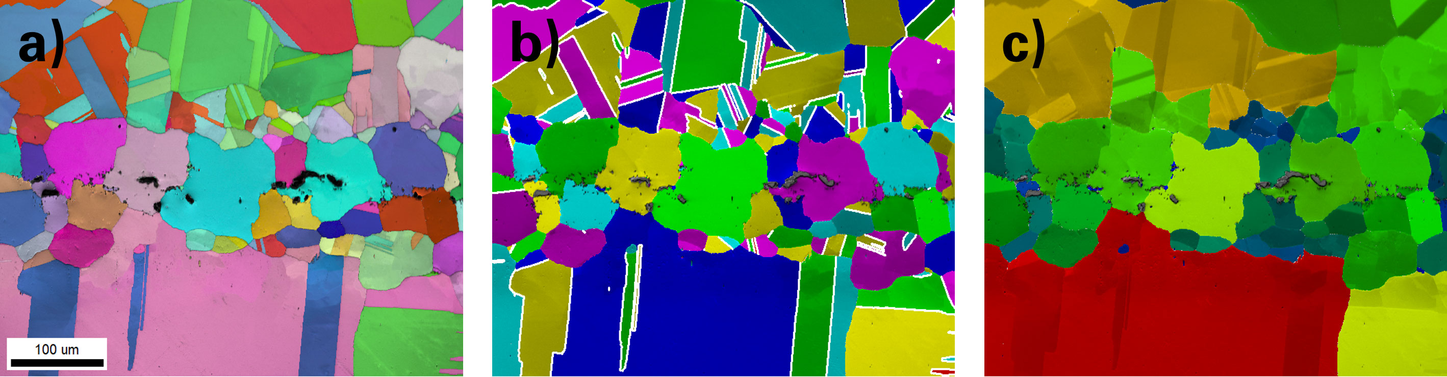 カスタマイズされたマップ表示 a) EBSD イメージクオリティー像とIPF方位マップ、b) PRIASと粒界カラーマップ 、 c) 高エントロピー合金のろう付けから双晶を除去した後の結晶粒径マップ