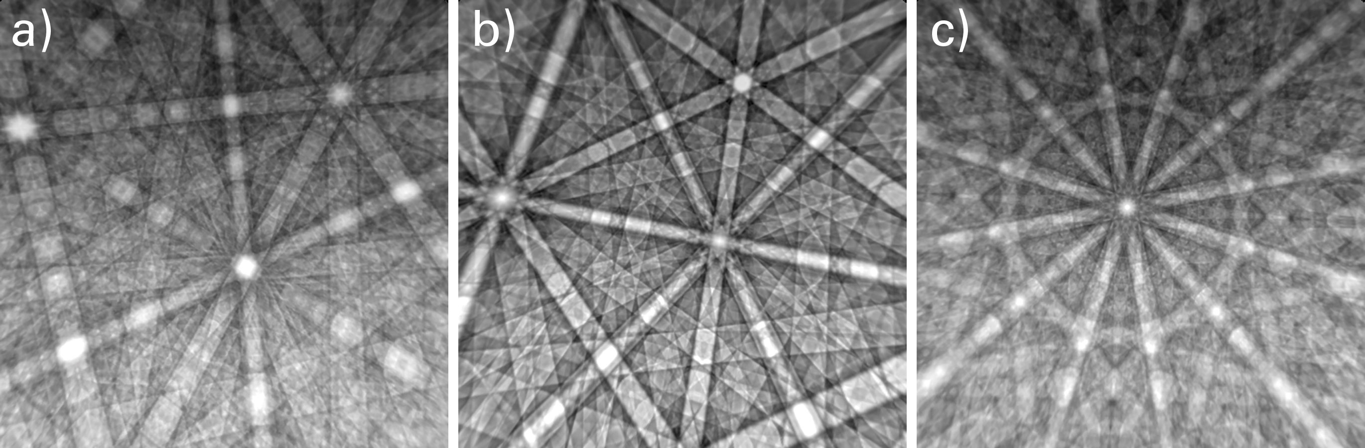 OIM Matrixを使用して動的にシミュレートされた EBSD パターン: (上) Cr23C6、(中) TiN、および (下) σ相