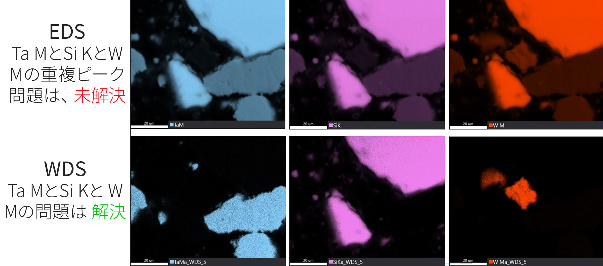 Si-W-Ta試料の EDS (上図)とWDS (下図)のマッピング像、EDSマップにおけるTa M、Si K、W Mの重複ピークの問題はWDSマップで解決します。