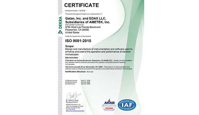 EDAX ISO 9001 Certificate