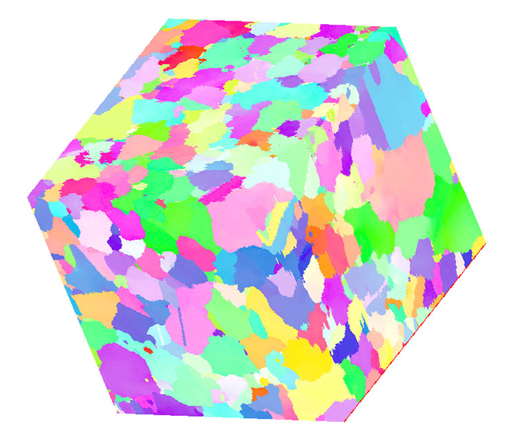 ビルド（Z）方向を基準に色分けされた3D IPF方位マップ