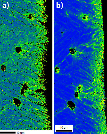 図1と同一視野のEBSDマップ a) Hough指数付けによるKAMマップ. b)Spherical IndexによるKAMマップ