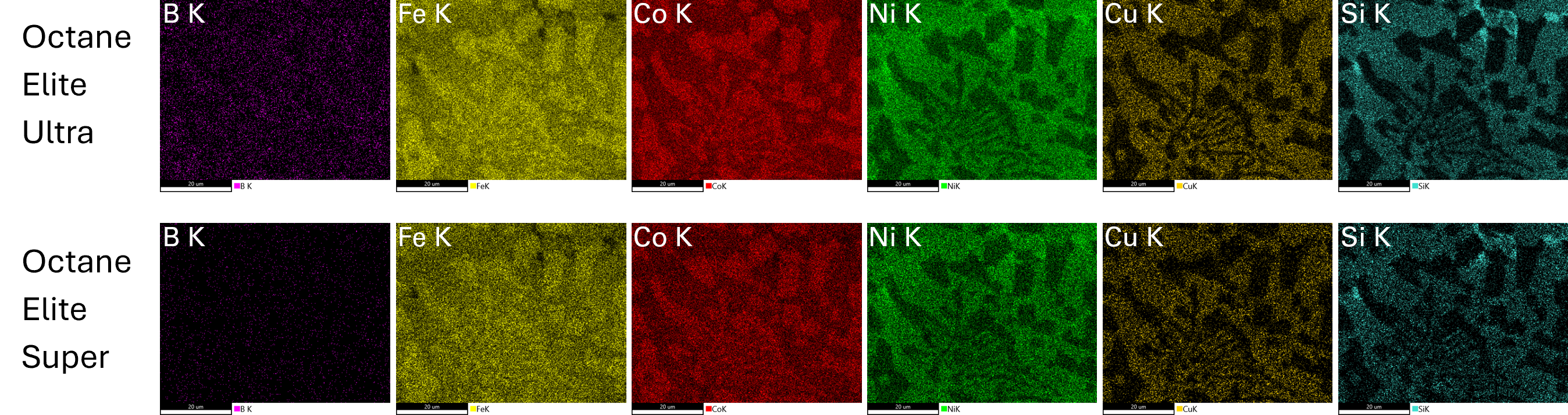20 kV、 256 x 200 ピクセルにて3 分 40 秒収集したハイエントロピー合金の元素マップ