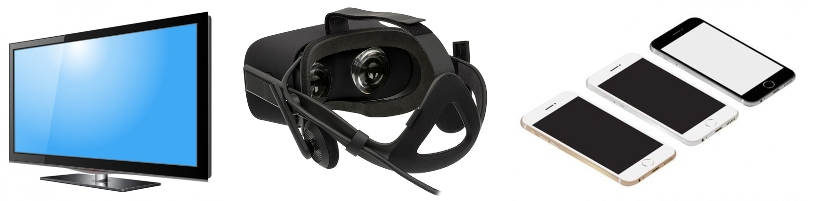 （左）LEDテレビ、（中央）拡張現実ヘッドマウントディスプレイ、（右）スマートフォンなどのマイクロLEDを採用したディスプレイデバイス