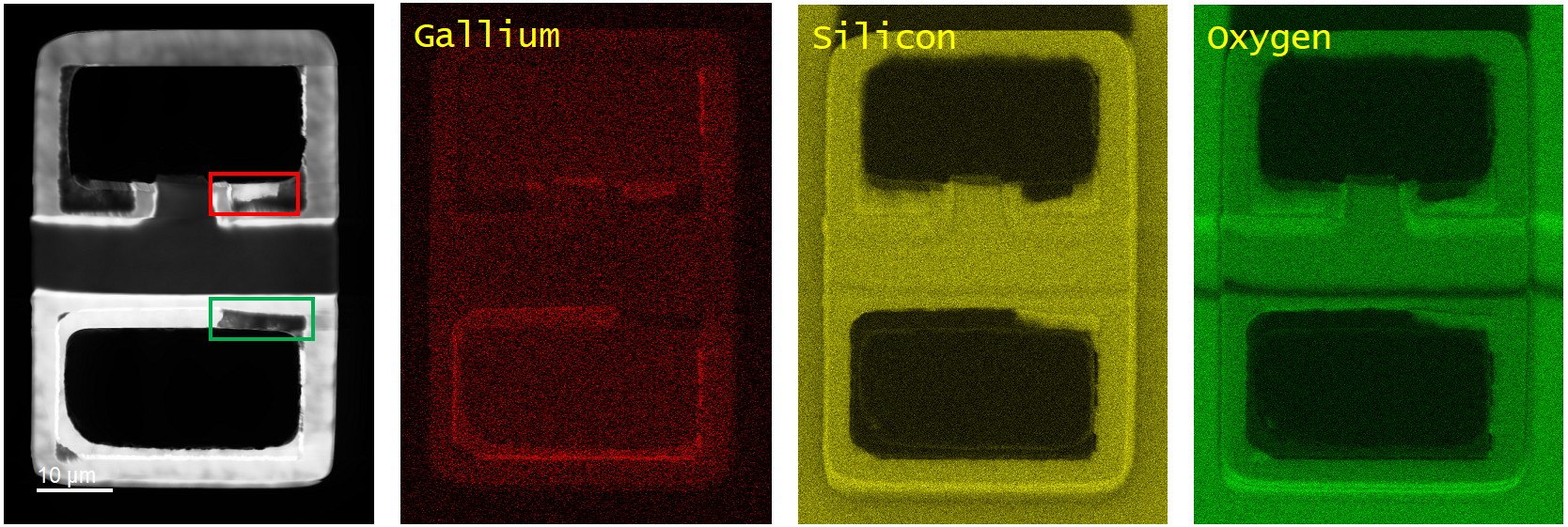 欠陥のあるLEDのフィルタリングなしのCL像とEDS元素マップ（ガリウム（赤）、シリコン（黄色）、酸素（緑））。