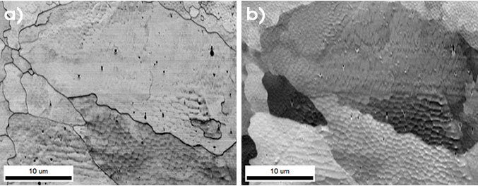 図4．a)EBSDイメージクオリティ像と、b)PRIASセンター像を用いた付加製造中の急速固化セル状微細構造の可視化。