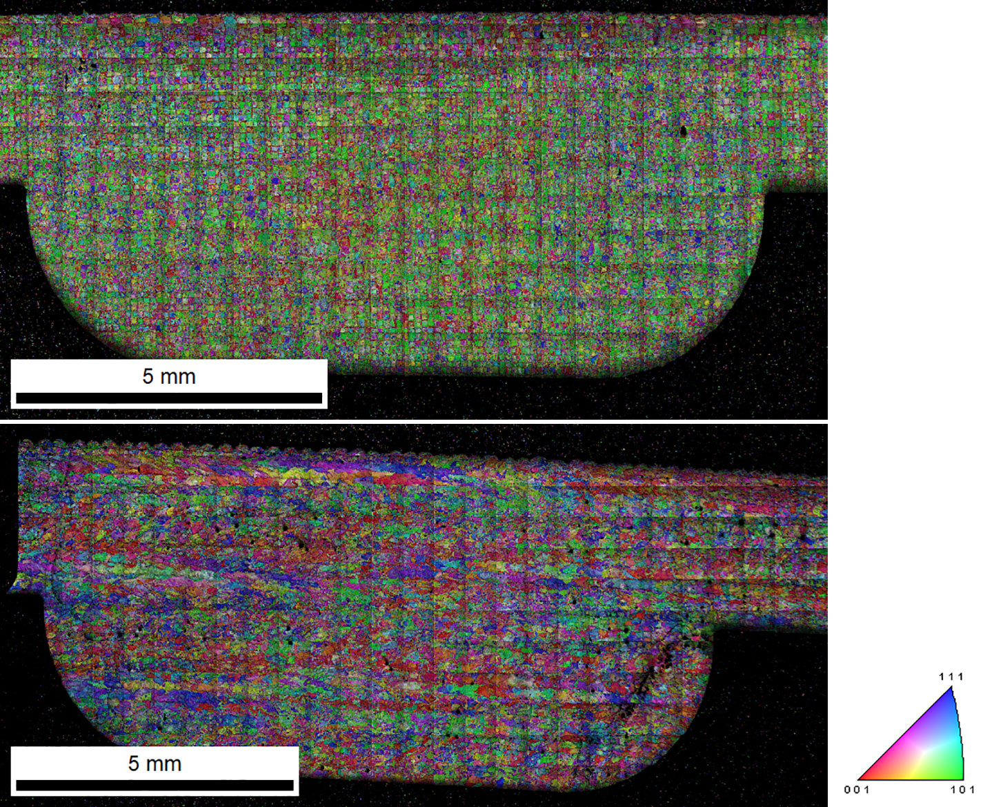図1．ビルド方向が法線方向（上）と横方向（下）のモンタージュエリアIQ像とIPFマップ像の重ね合わせ