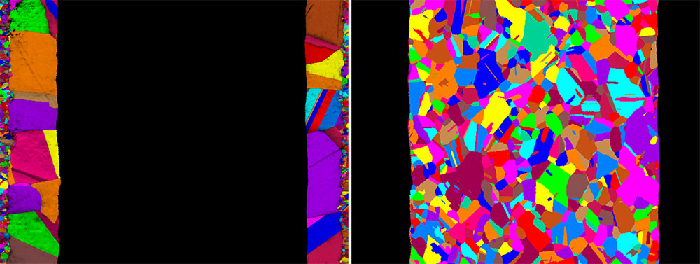 Cu相 (左) とコバール相(右) のEBSD結晶粒マップ、Cu相の二峰性結晶粒構造を示しています。