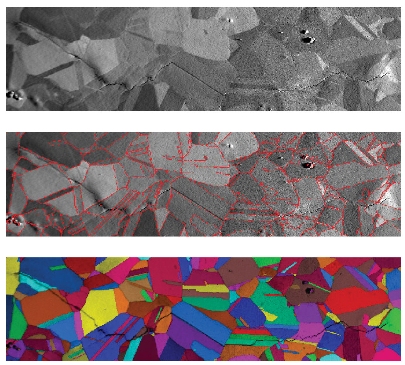 図 1. ニッケル合金の疲労亀裂の二次電子（SED）像（上）、OIMで決定した結晶粒界を重ねたSED像（中）、個々の回折パターンからOIMにより構築したグレースケールマップにランダムに色を当てはめて識別した結晶粒（下）