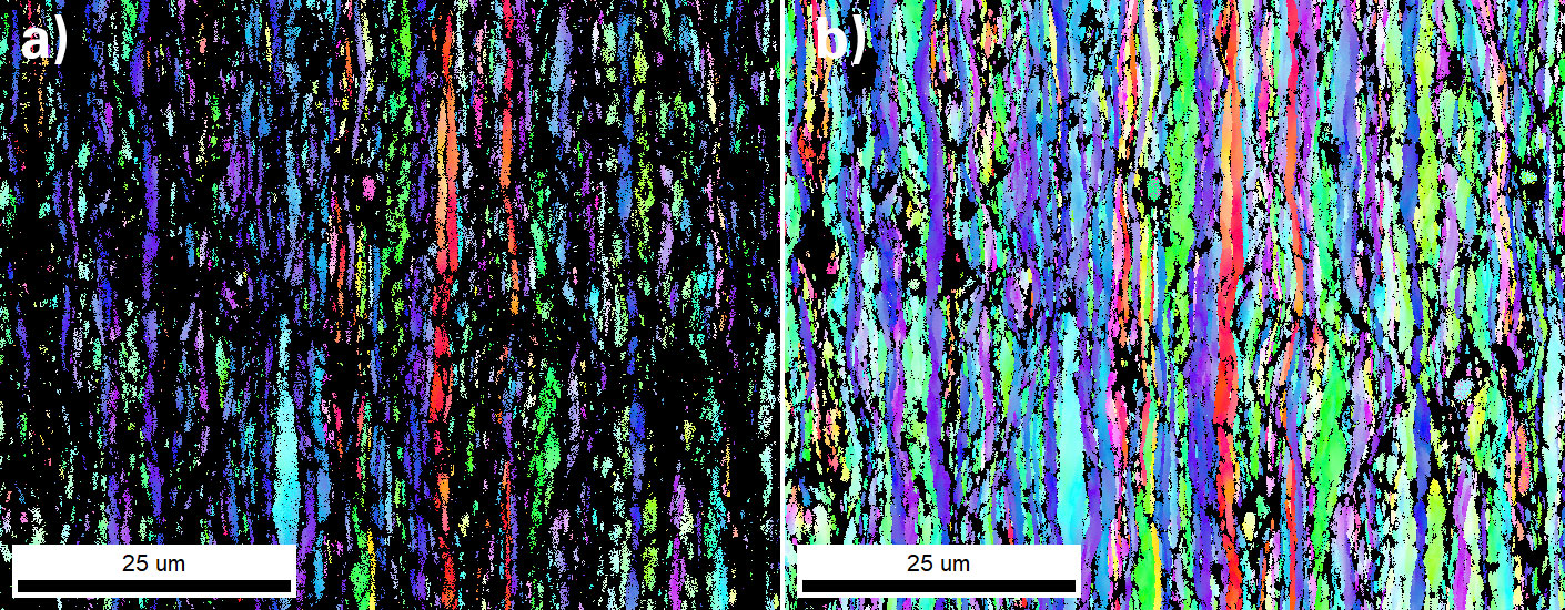 a) 従来のHoughベースの指数付けを使用した、圧延アルミニウム試料の表面法線方向に対するIPF方位マップ  b) Spherical indexing解析を行った同じ試料の IPF方位マップ