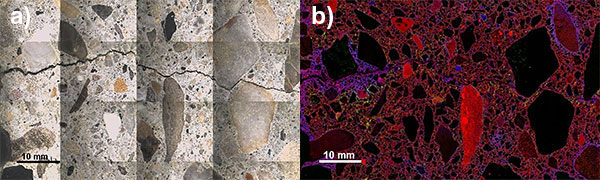 a)冬季に酢酸塩およびギ酸塩ベースの除氷液に日常的にさらされた道路のコンクリート舗装試料のモンタージュCCD像。コンクリートの上面は左側、下面は右側。b) K、S、Ca元素マップの重ね合わせ（青 = K、緑 = S、赤 = Ca）