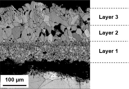 図2．1,200°C、4時間で316Lステンレス鋼上に形成され、室温、大気下で冷却された酸化スケールのEBSD IQ像