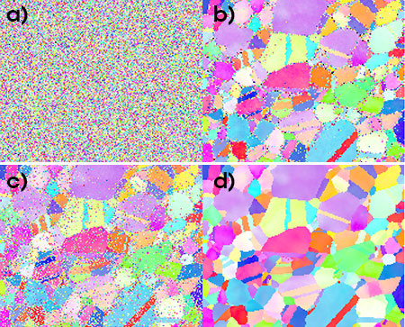 図 5. a) 生のパターン、b) Hough変換の指数付けを使用した NPAR パターン、c) 生のパターン、d) バンド幅 127 でSpherical Indexingを使用した NPAR パターン