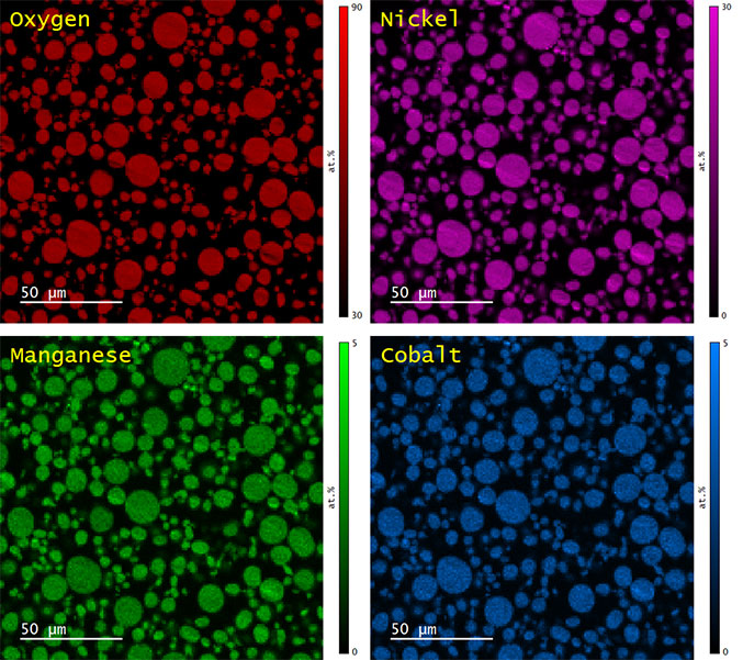 Elemental maps of O (red), Ni (magenta), Mn (green), and Co (blue) as determined by quantitative analysis by EDS.