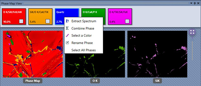 図6.斑晶内のサンプリング領域からの青の相のフェーズマップと元素マップ。青の相は、SiとOで構成され、抽出スペクトルで確認し、名前を石英に変更しました。